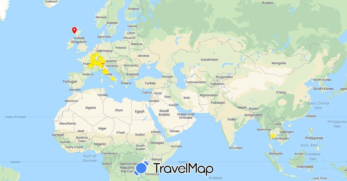 TravelMap itinerary: driving, plane, hiking, electric vehicle, visited in Austria, Switzerland, Germany, France, United Kingdom, Italy, Luxembourg, Thailand (Asia, Europe)